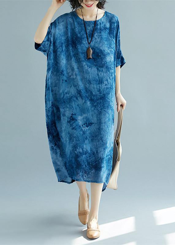 blue long linen dress plus size O neck floral linen clothing dresses casual short sleeve baggy dresses linen caftans