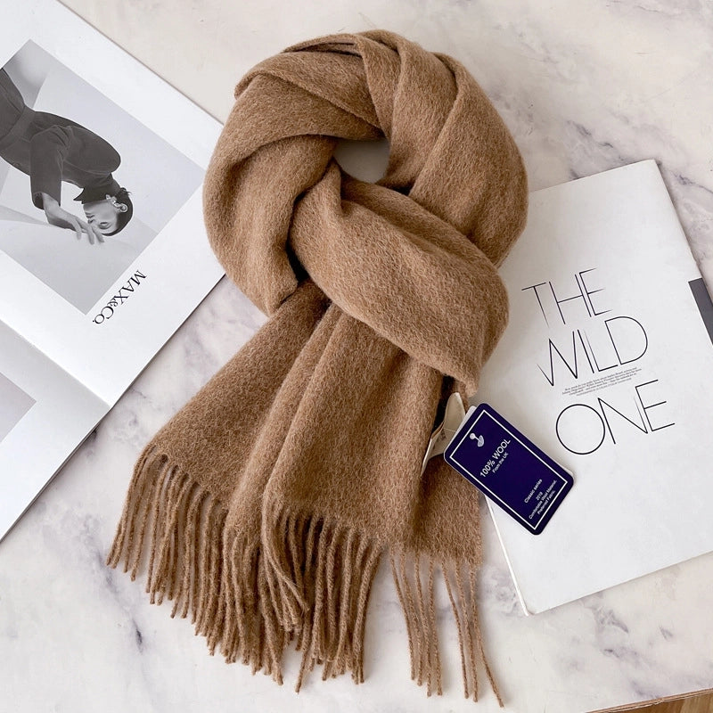White Pure Wool Scarf Female Winter Student Warm Scarf New Versatile Tassel Narrow Scarf Couple