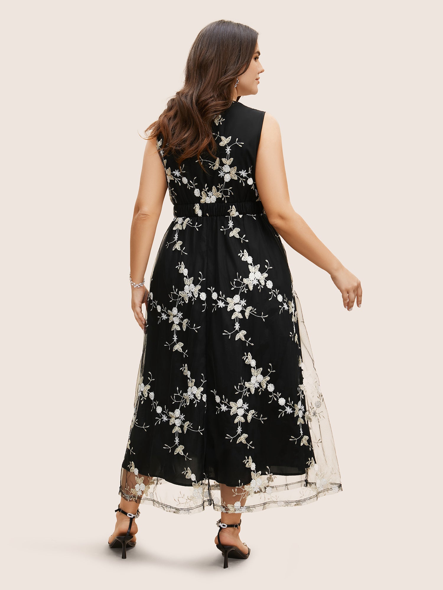 Mesh Floral Embroidered Sleeveless Maxi Dress