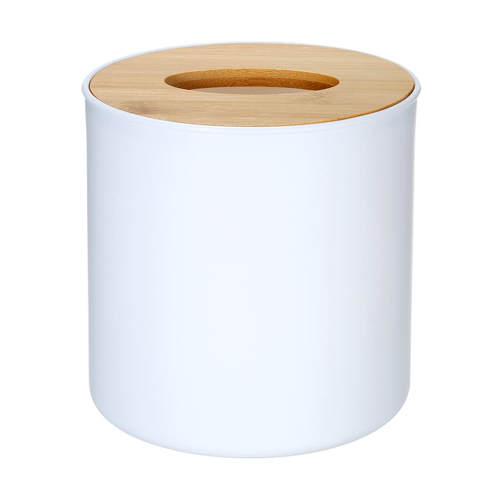 Wooden Cover Plastic Tissue Holder. Anti-Slid Base Wide Opening Tissue Organizer Box (White Color)