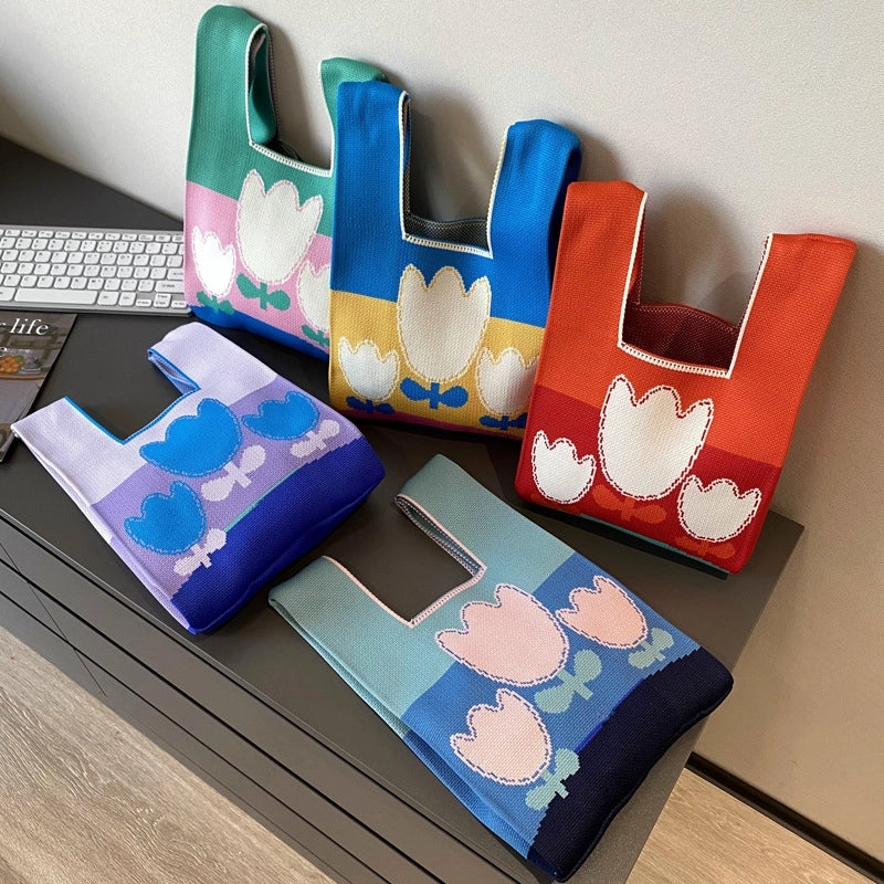 Women's Polyester Printing Color Block Cute Square Open Handbag