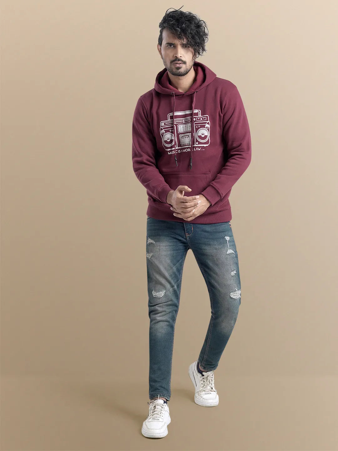 Men's Radio Print Burgundy Hoodie