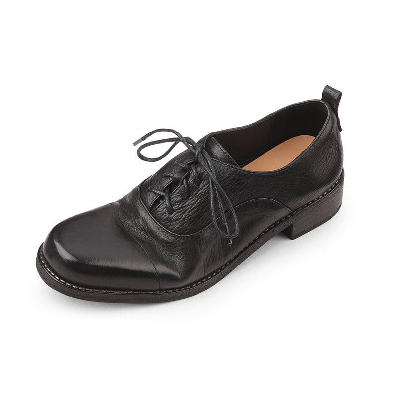 Vintage Lace-Up Derby Oxford Shoes Block Heel Leather Casual Footwear in Black/Green/Grey (better suited for thin feet)