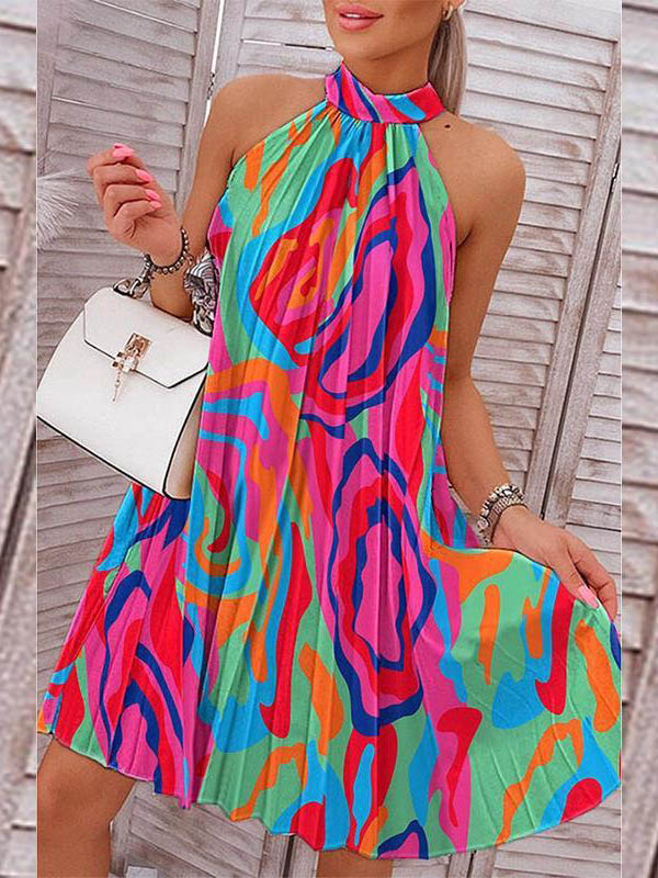 Loose Plus Size Pleated Printed Halter-Neck Mini Dresses Short Dresses