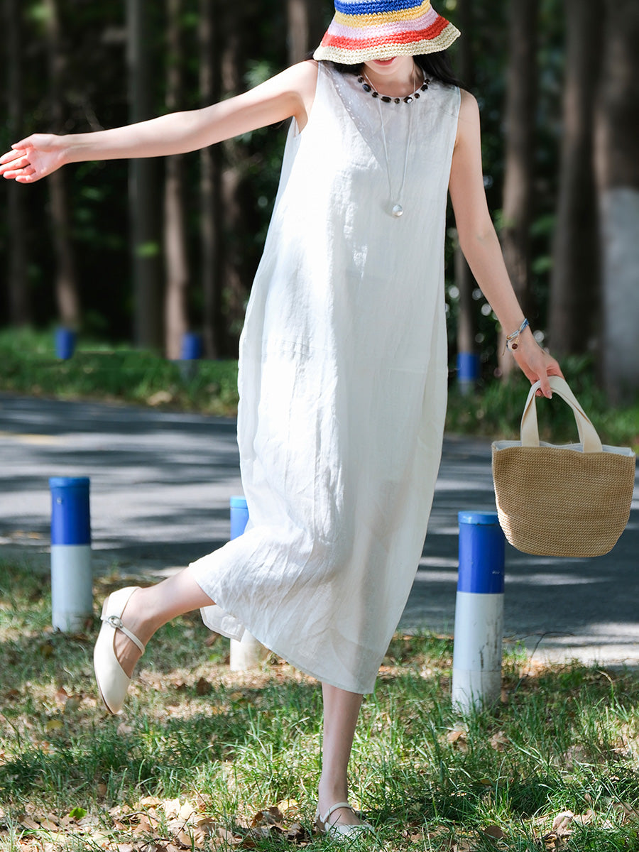 Women Summer 100%Linen O-Neck Sleeveless Dress