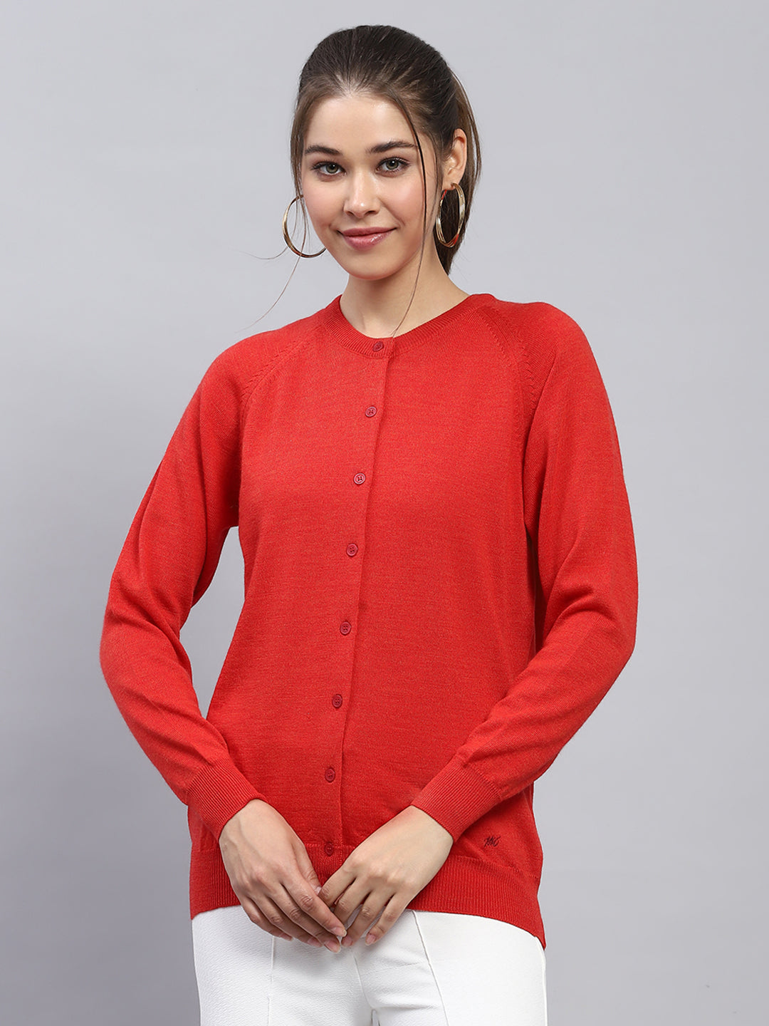 Women Red Solid Round Neck Full Sleeve Cardigan