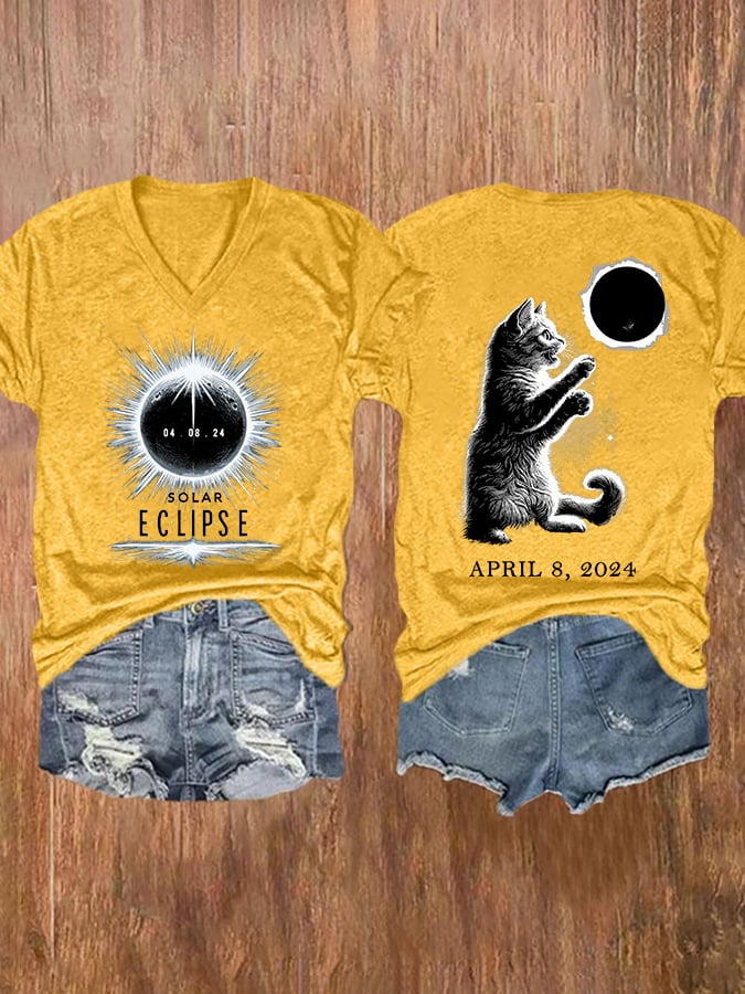 V-neck Retro Cat Hello Darkness My Old Friend Solar Eclipse Of April 8. 2024 Print T-Shirt