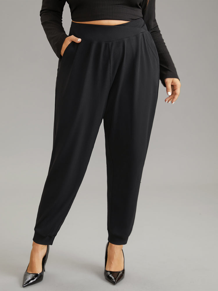 Crossover Plain Texture High Rise Pants