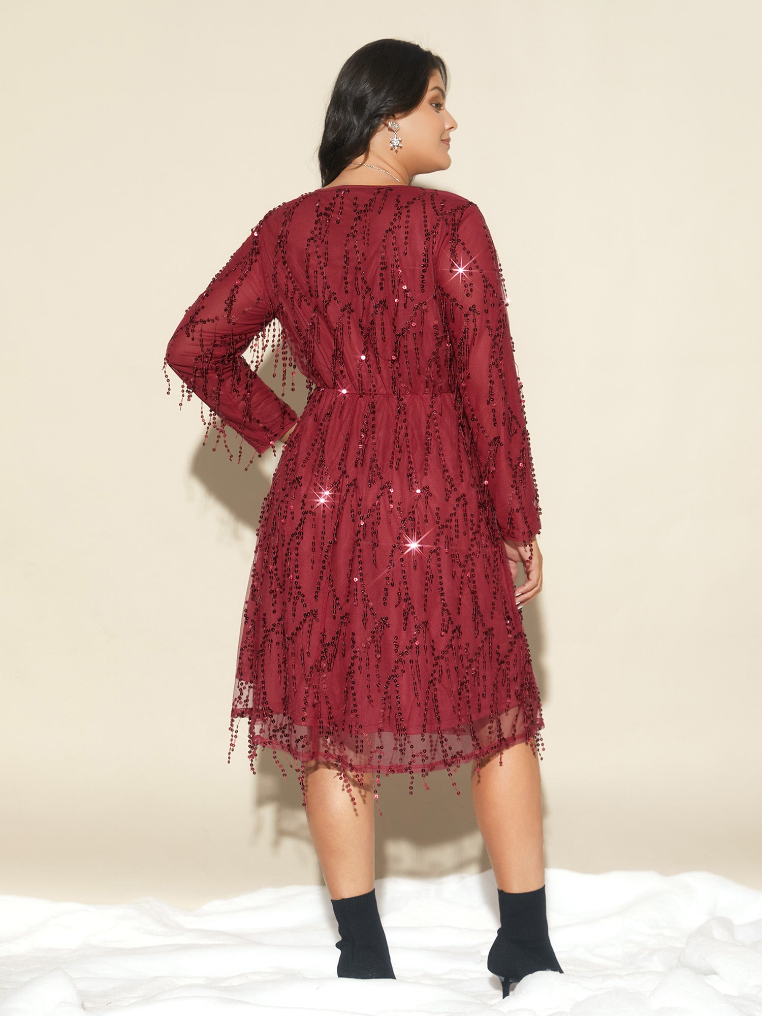 Sequin Fringe Detailing Elastic Waist Midi Dress