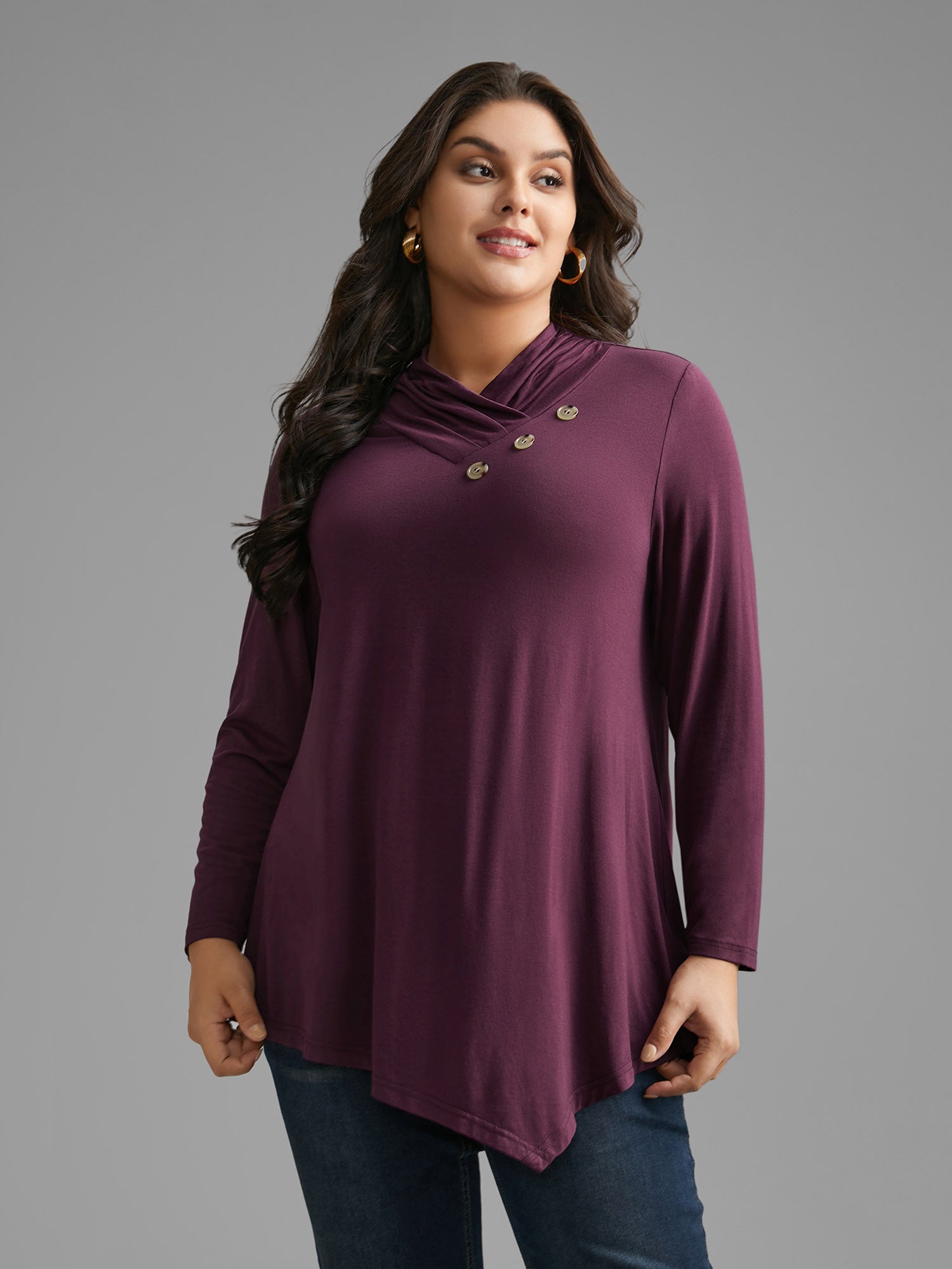 Solid Button Detail Asymmetrical Hem Jersey Top