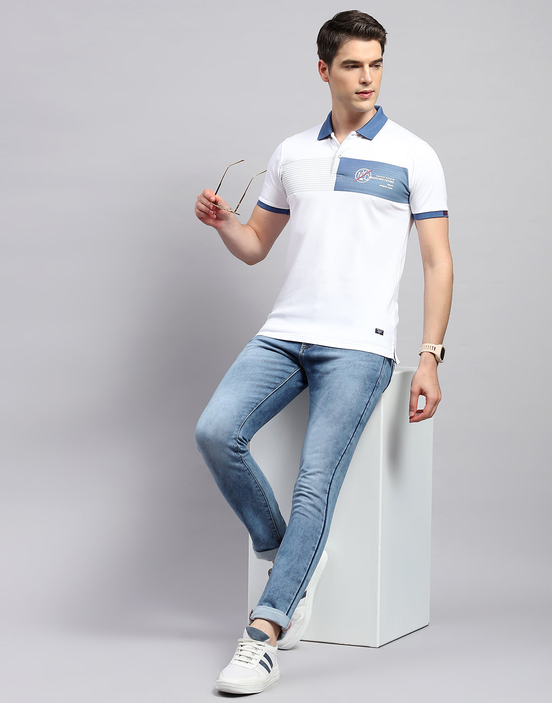 Men White Printed Polo Collar Half Sleeve T-Shirt