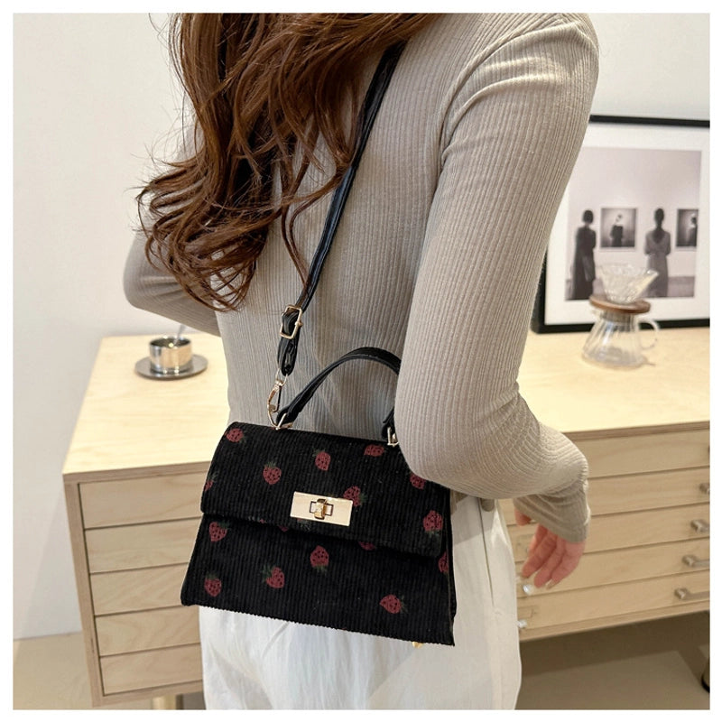 Women's Corduroy Strawberry Leopard Streetwear Square Flip Cover Handbag Crossbody Bag