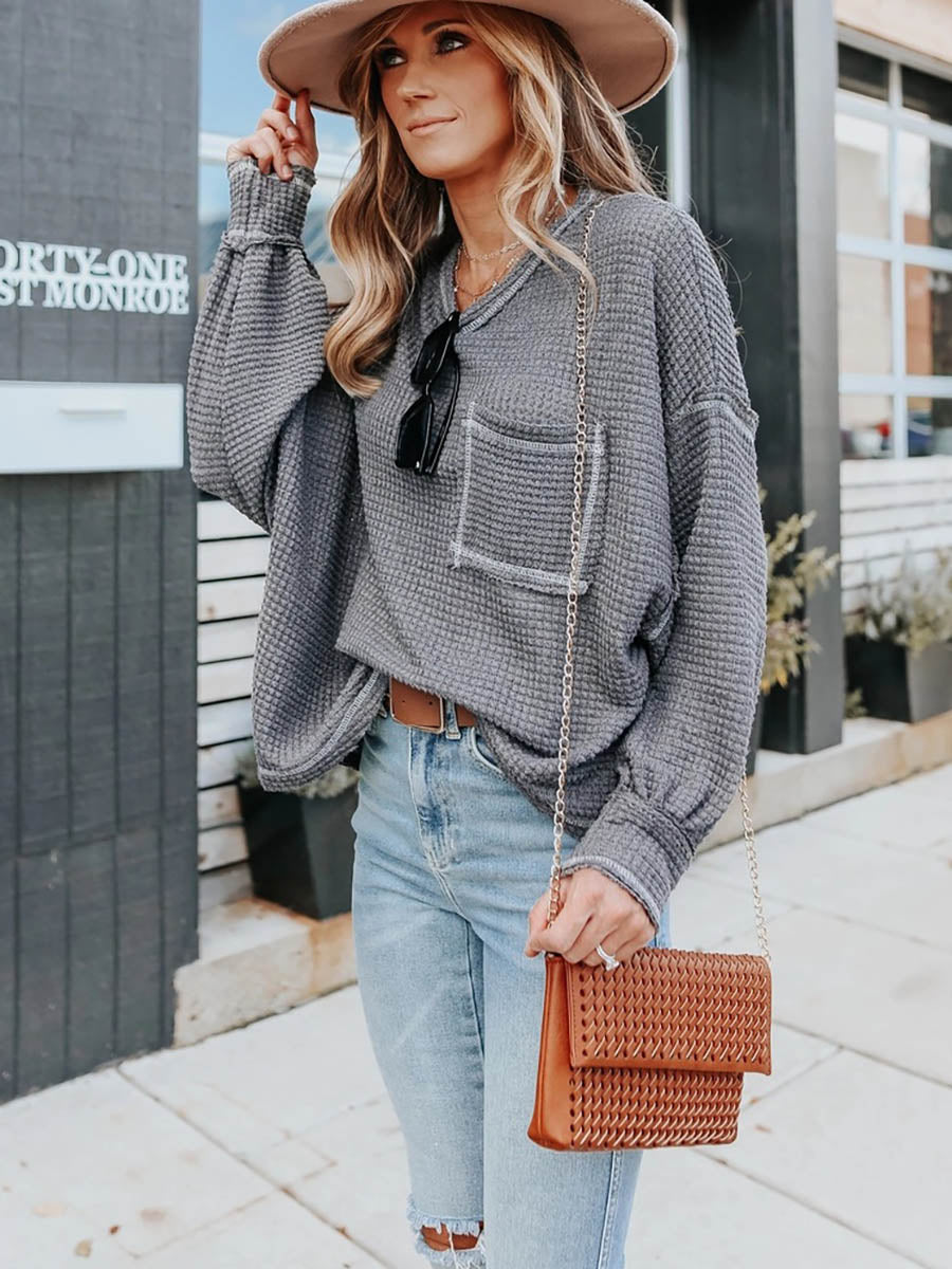 Waffle Drop Sleeve Loose Casual Top6 colors