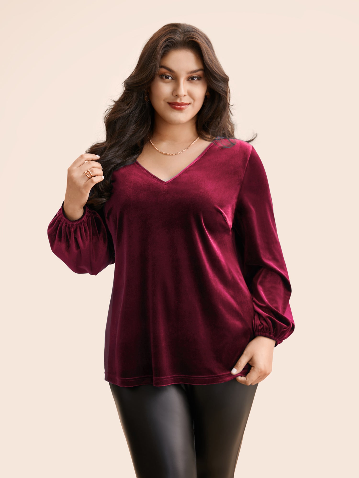 V Neck Velvet Lantern Sleeve Blouse