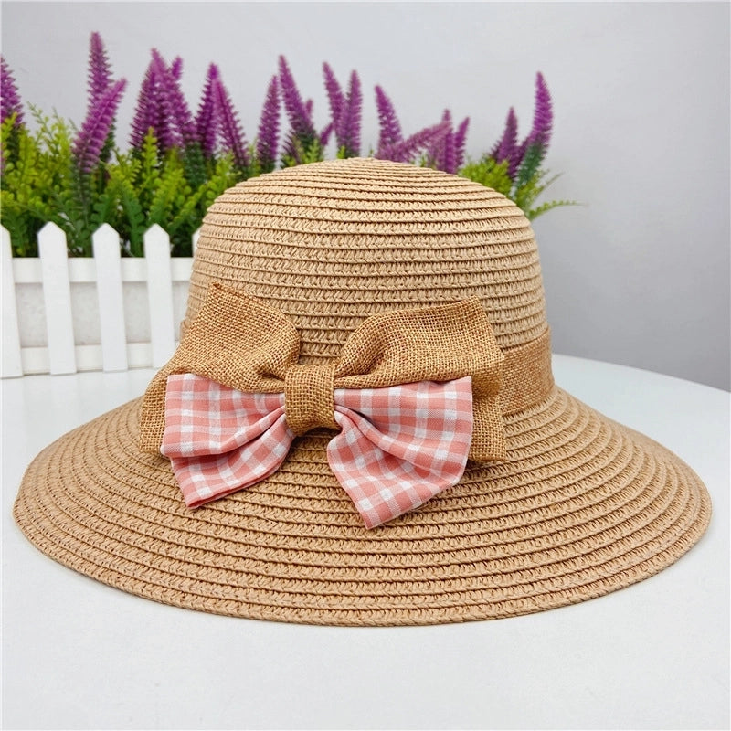Summer Plaid Bow Straw Fisherman Hat Shade Travel Straw Hat