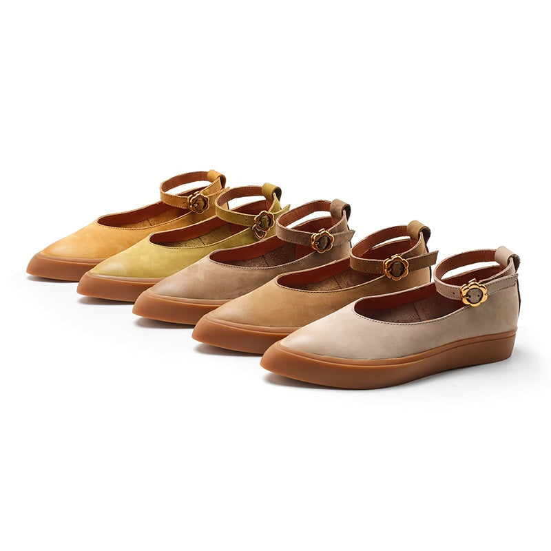 Nubuck Leather Flat Ankle Strap Mary Jane Shoes For Women Point Toe Witch Style in 5 Colors