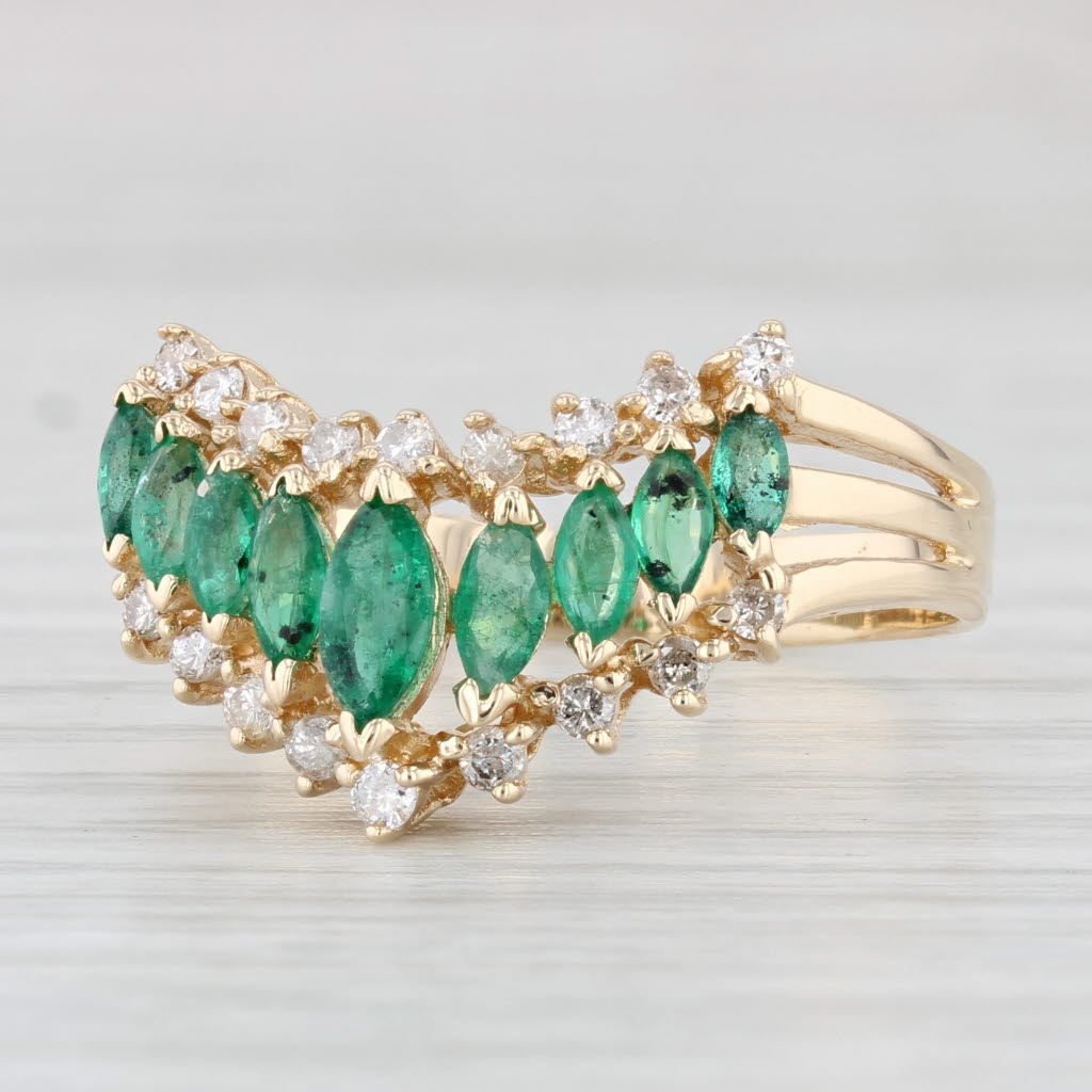 1.29ctw Tiered Emerald Diamond Contoured V Ring 14k Yellow Gold Size 11