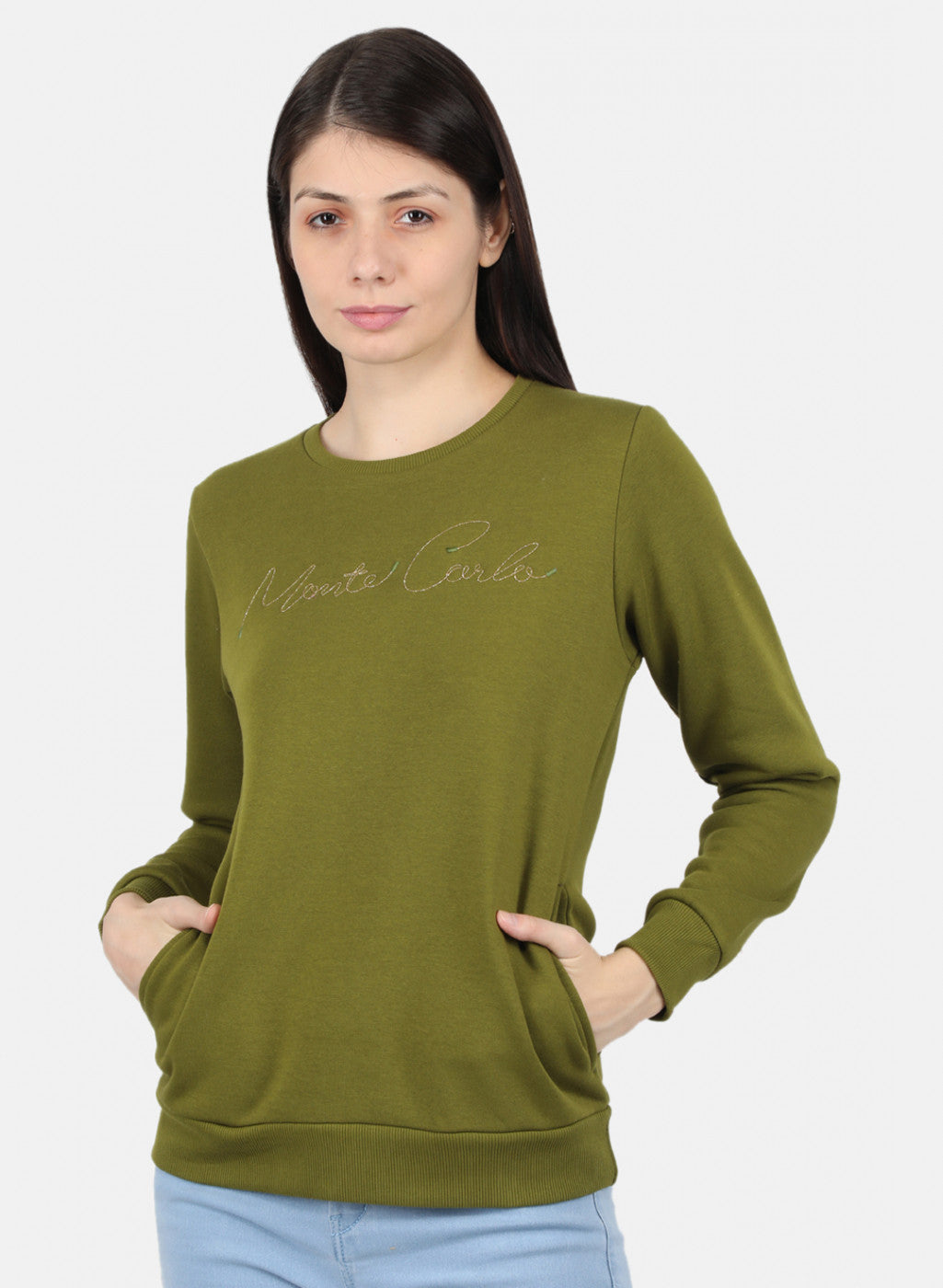 Women Green Embroidered Sweatshirt