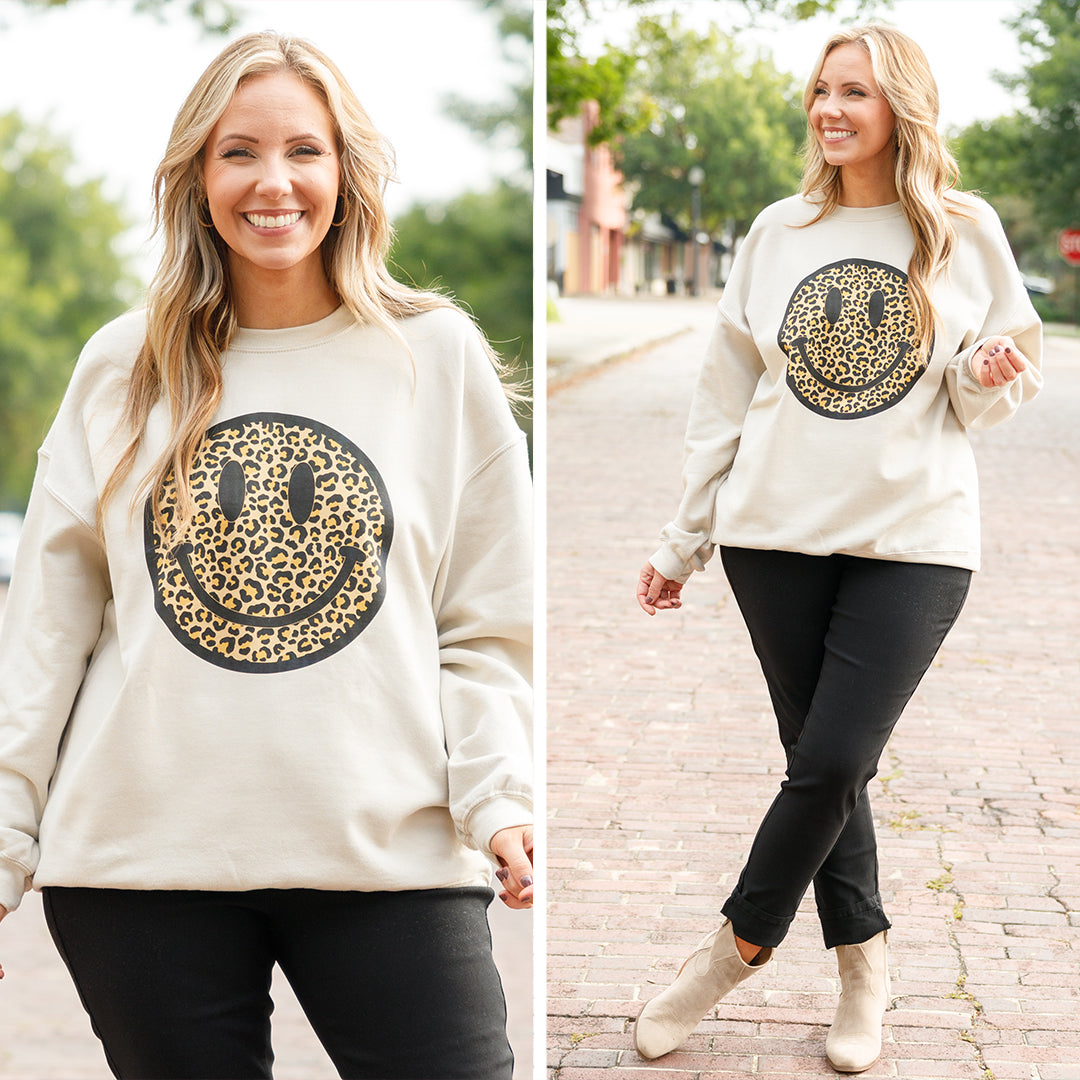 Smiley Face Sweatshirt. Sand