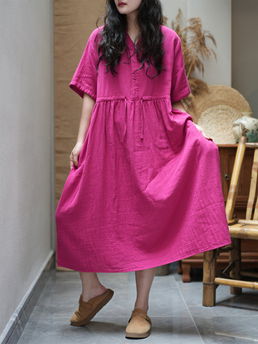 Women Summer Casual Pure Color V-Neck Cotton Dress