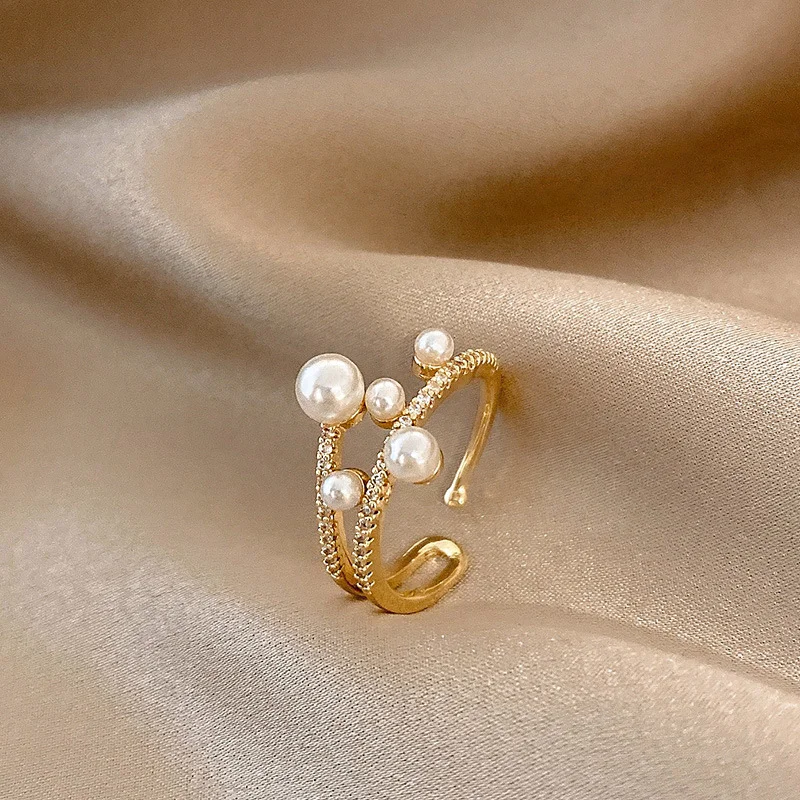 Korean Adjustable Small Cute Pearl Rings Jewelry Ladies Hollow Out Open Bowknot Gold Finger Ring