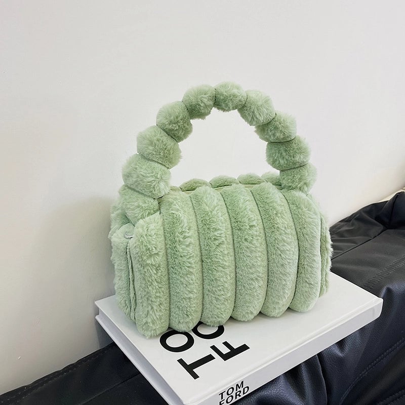 Women's Plush Solid Color Basic Classic Style Pillow Shape Zipper Shoulder Bag Handbag