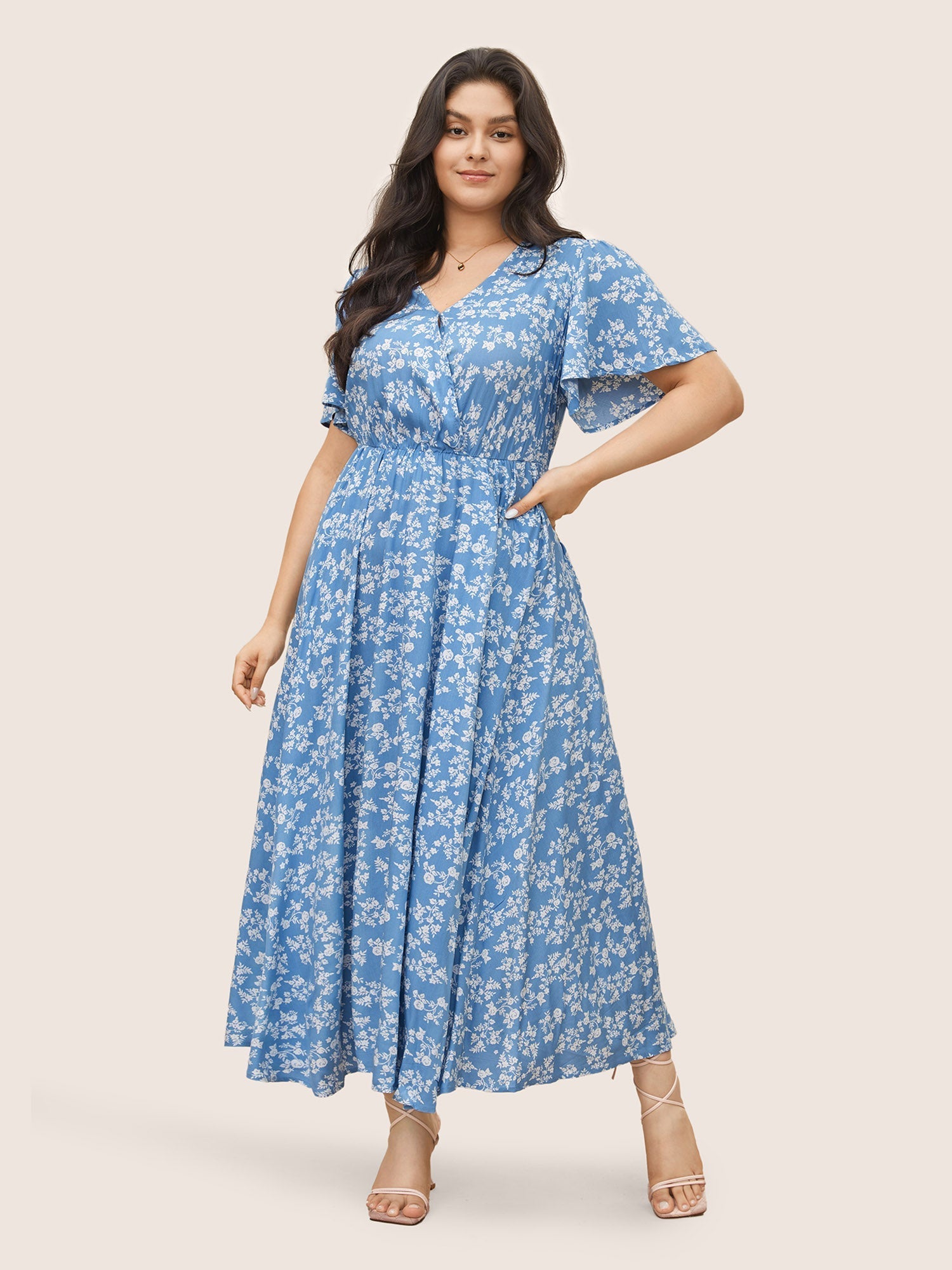 Bloom Dress - Flutter Sleeve Ditsy Floral Bag Split Maxi Dress