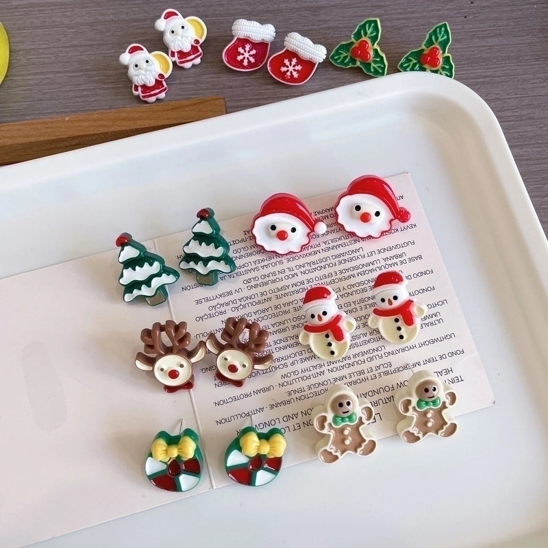 Cute Christmas Stud Earrings ~ Cartoon Santa Claus Elk Gingerbread Man Ear Clip Sweet Girl Sterling Silver Needle Earrings