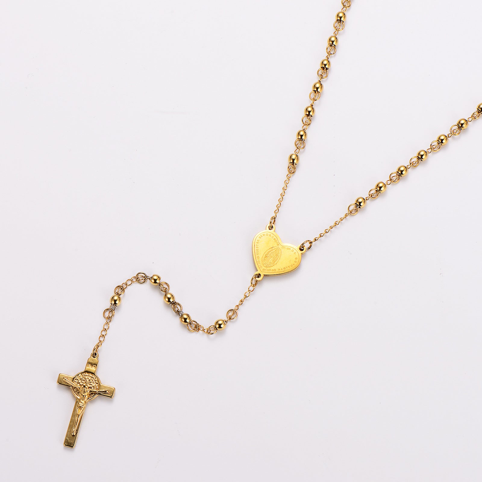 Aml Fashion Stainless Steel Round Beads Rosary Men And Women Cross Necklace Sweater Chain