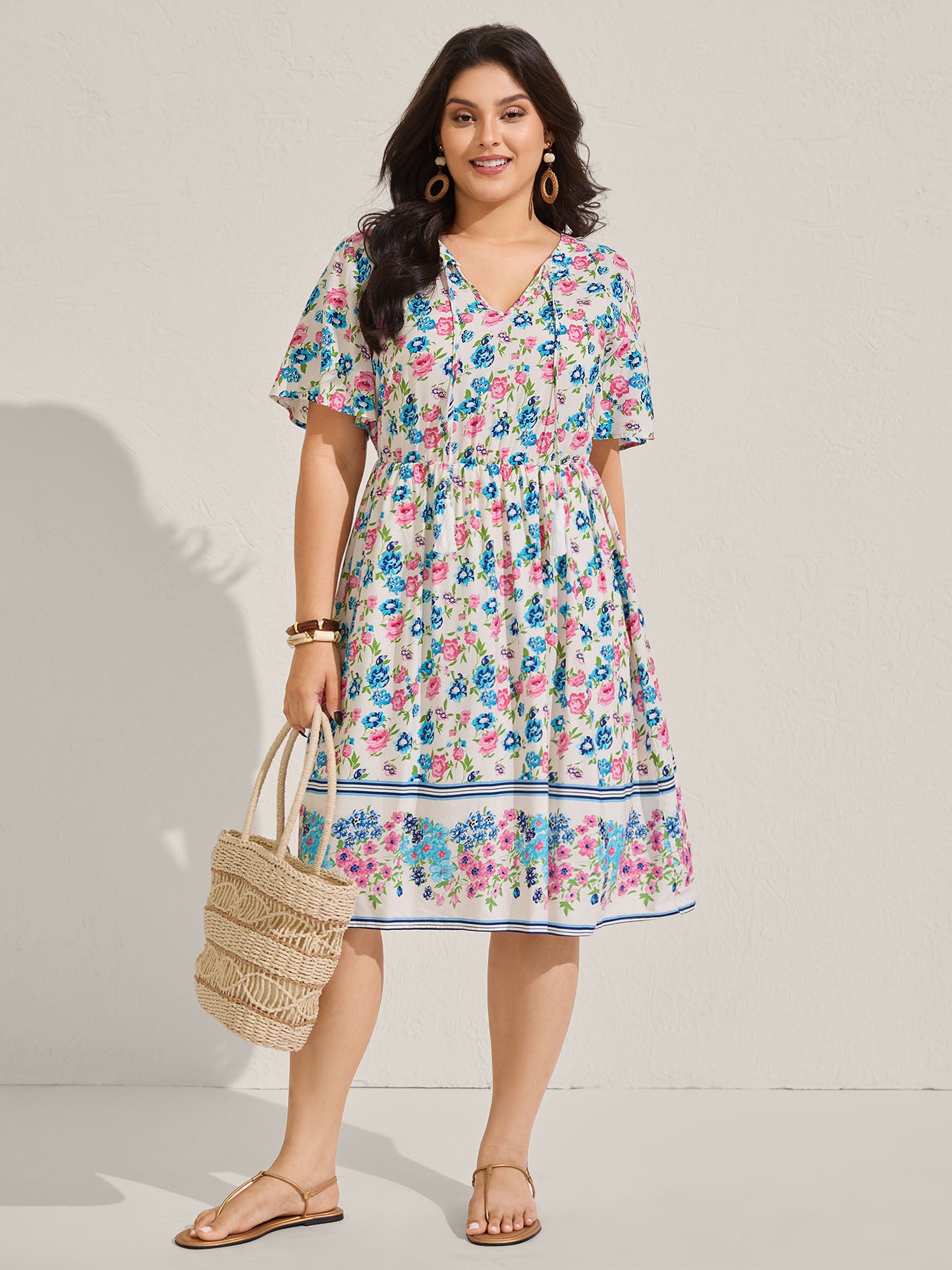 Rayon Floral Print Neck Tie Pockets Midi Dress