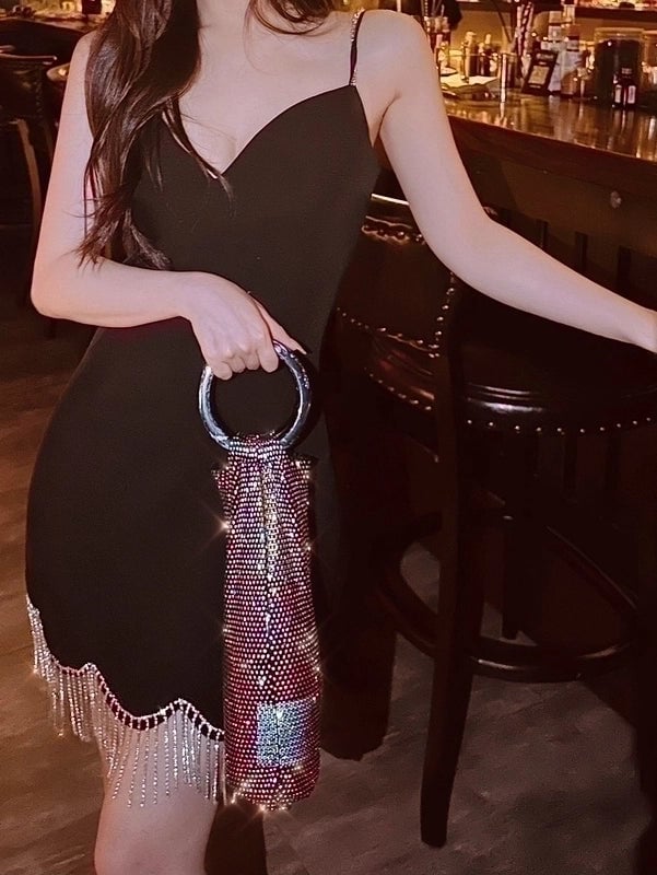 Women's One Size Rhinestone Solid Color Sexy Cylindrical Open Handbag Evening Bag