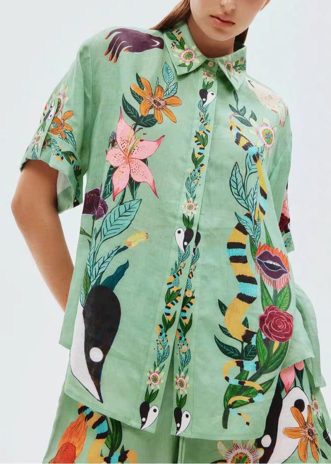 Bohemian Green Print Elastic Waist Shirts And Shorts Linen Two Piece Set Summer