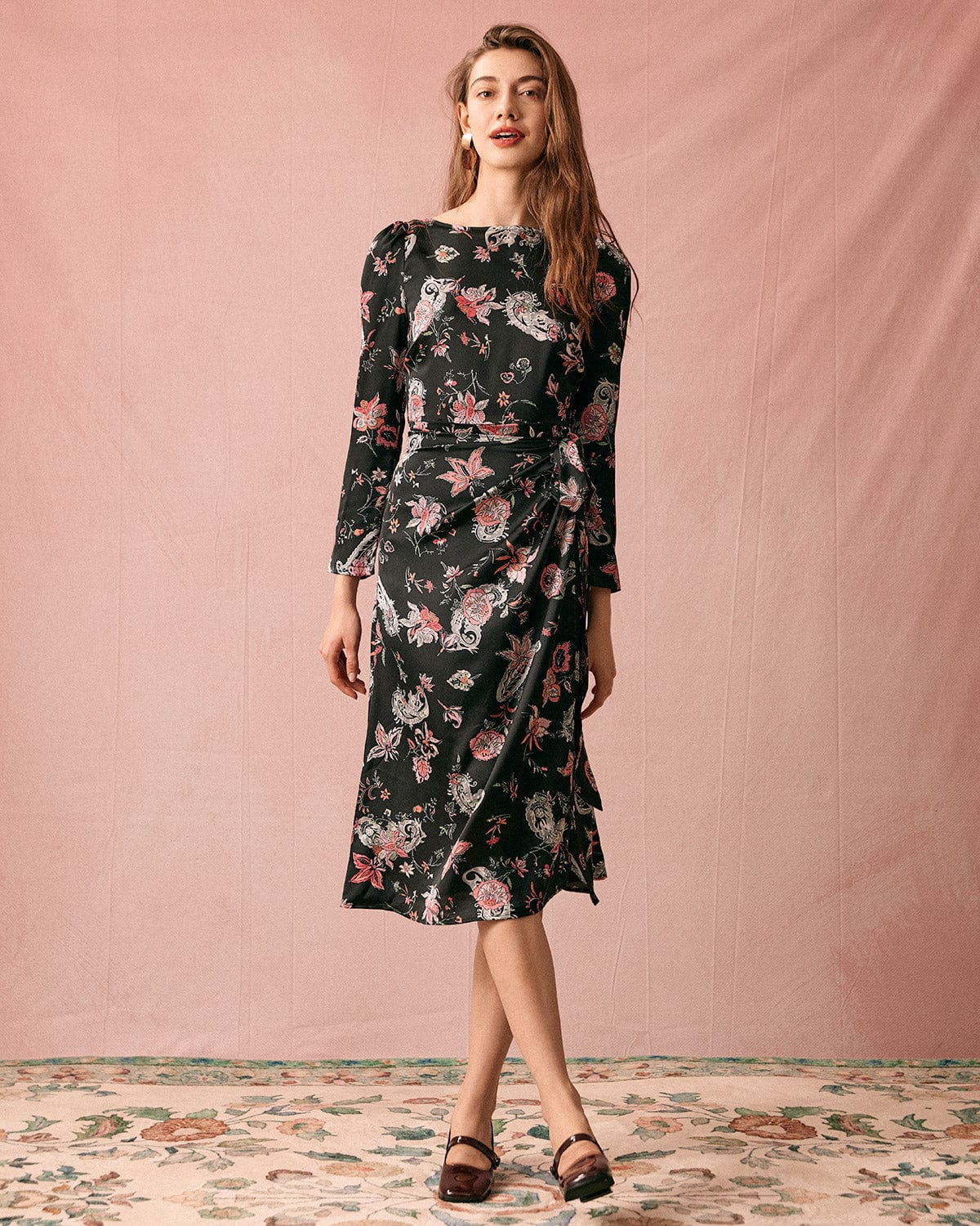 The Floral Ruched Long Sleeve Midi Dress