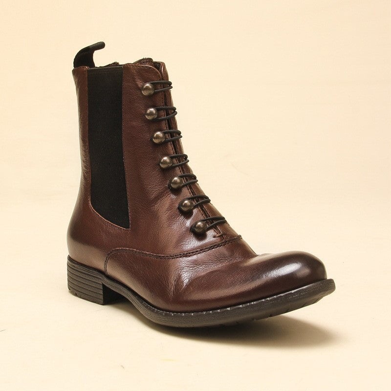 Ankle Boots Women Calfskin Round Toe Side Zip Lace-Up Retro Winter Ladies Motorcycle Shoes Handmade