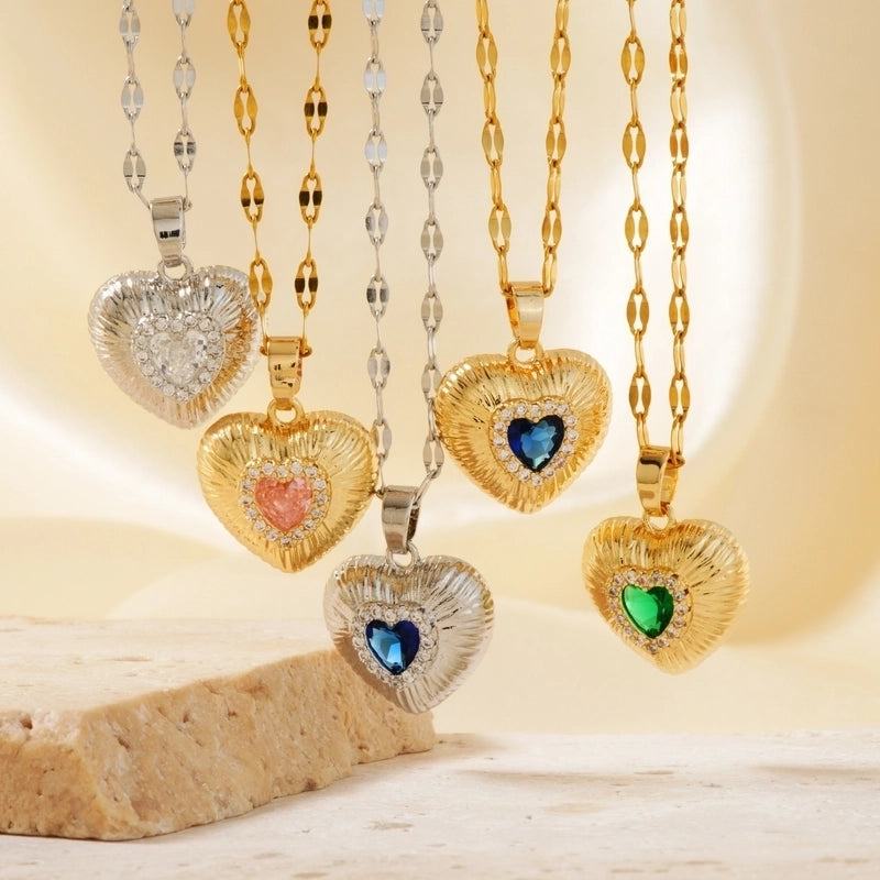 Classic Style Heart Shape 304 Stainless Steel Copper Zircon K Gold Plated Rhodium Plated Inlay Pendant Necklace