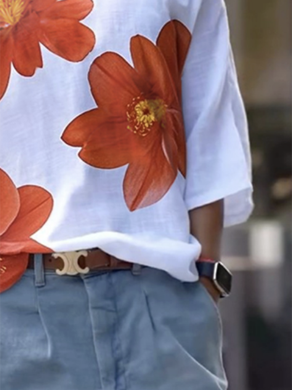 Long Sleeves Loose Flower Print One-Shoulder T-Shirts Tops