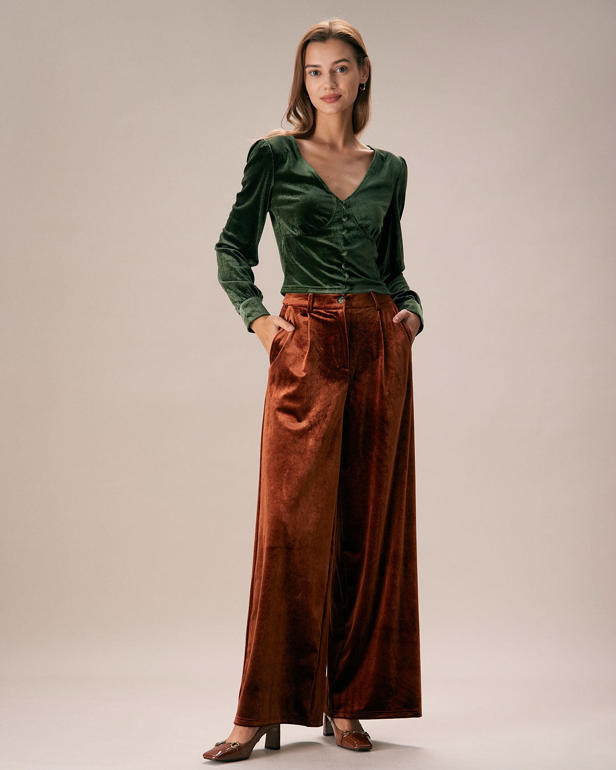 The Dark Green V Neck Button Velvet Blouse