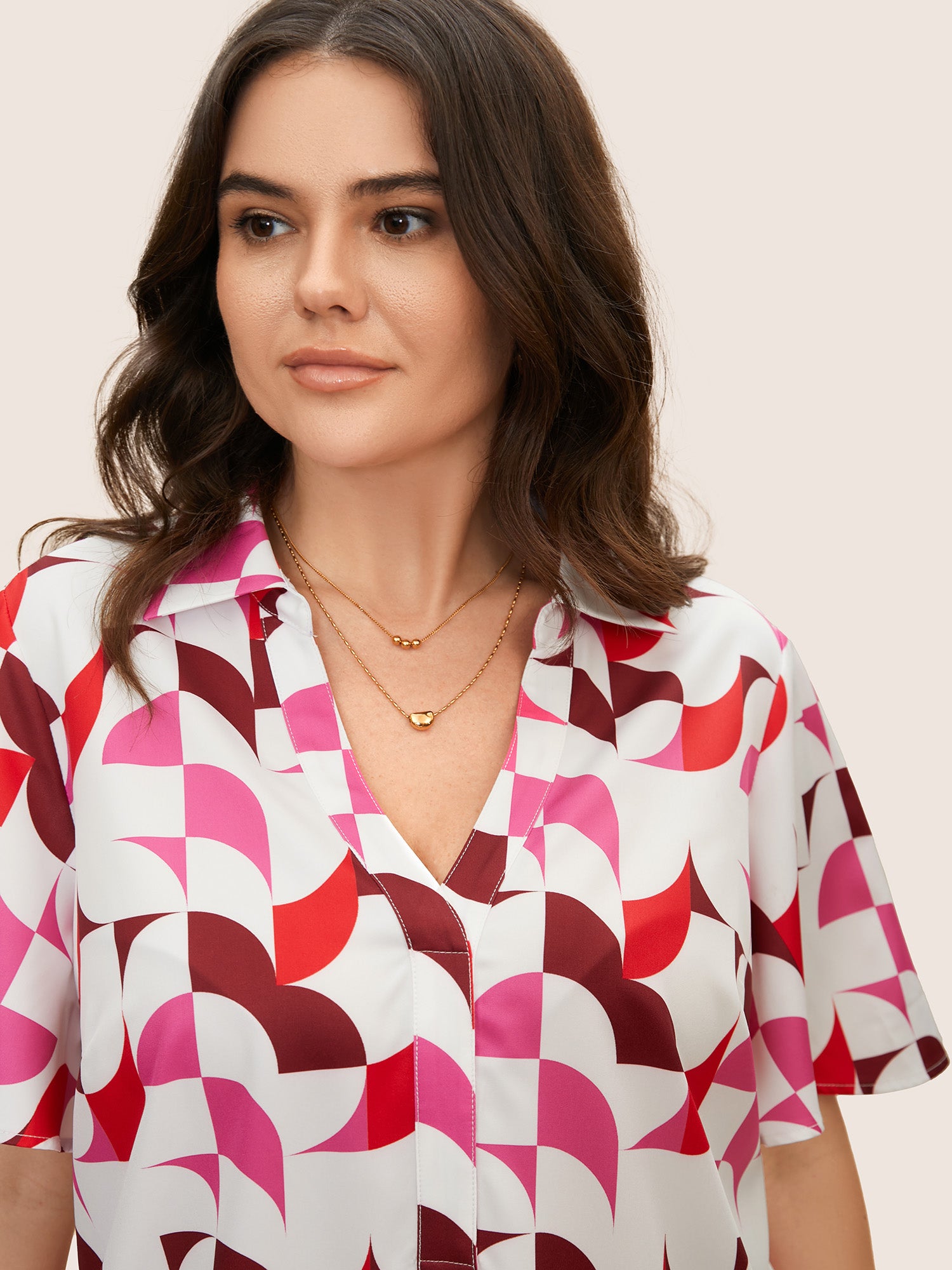 Contrast Geometric Shirt Collar Flutter Sleeve Blouse