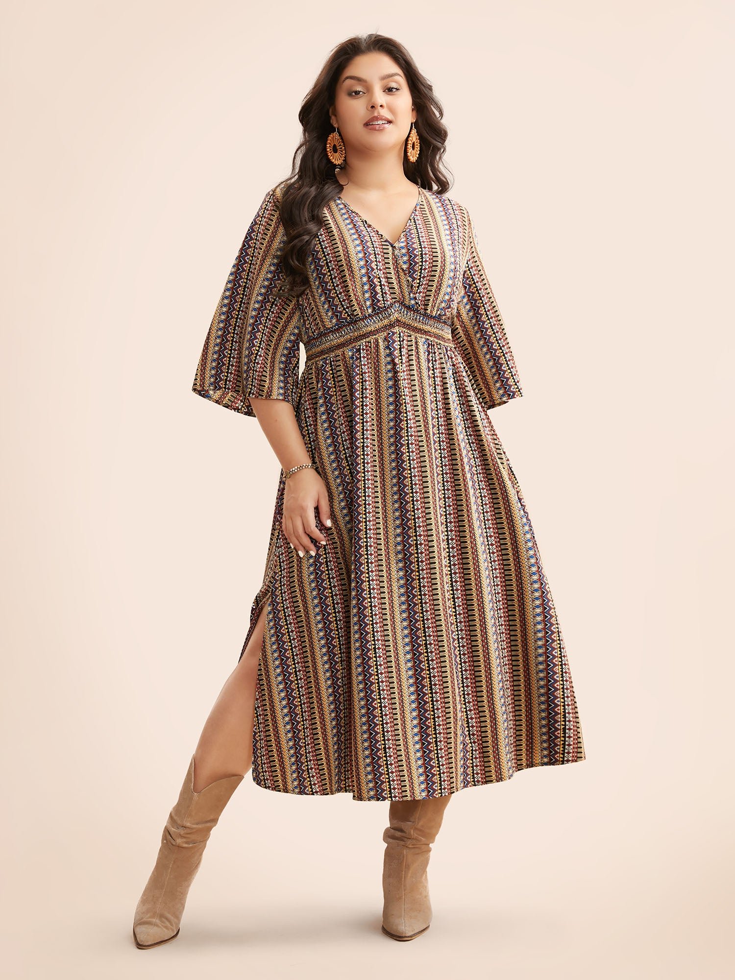 Bandana Striped Shirred Split Hem Dress