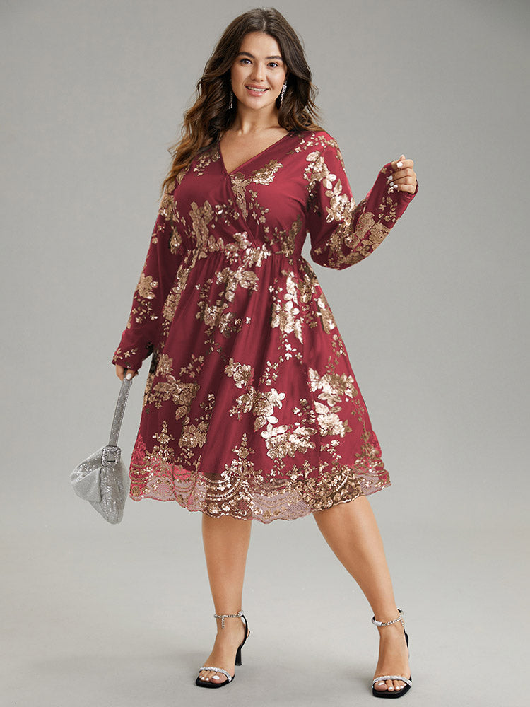 Floral Sequin Elastic Waist Mesh Wrap Dress