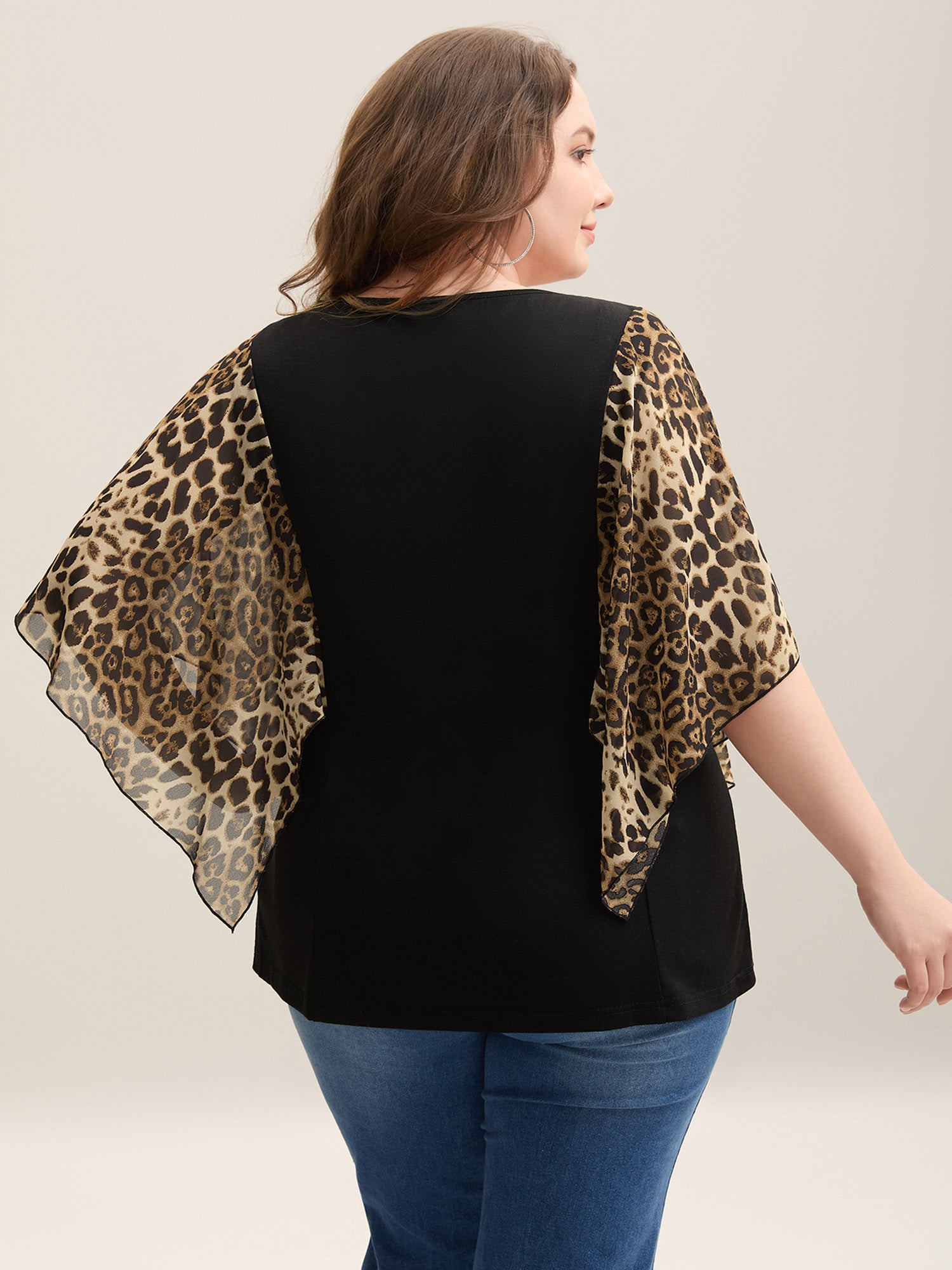 Leopard Spliced Tied Flared Sleeve T-Shirt