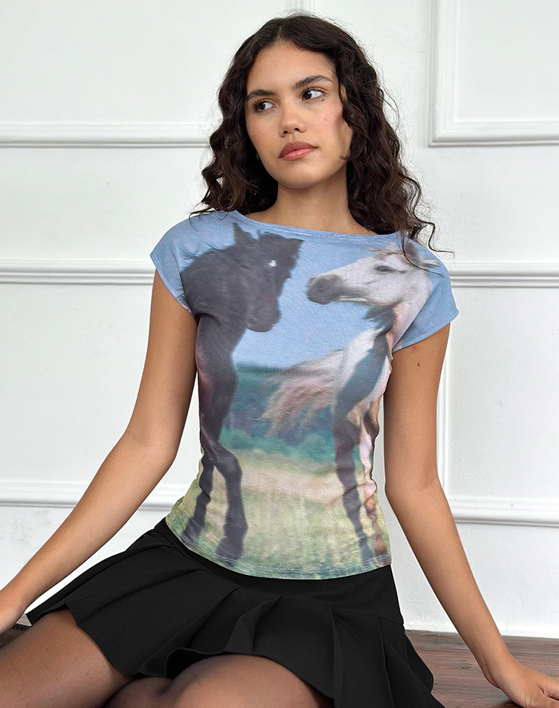 Nova Top in Blue Mesh Horses Print