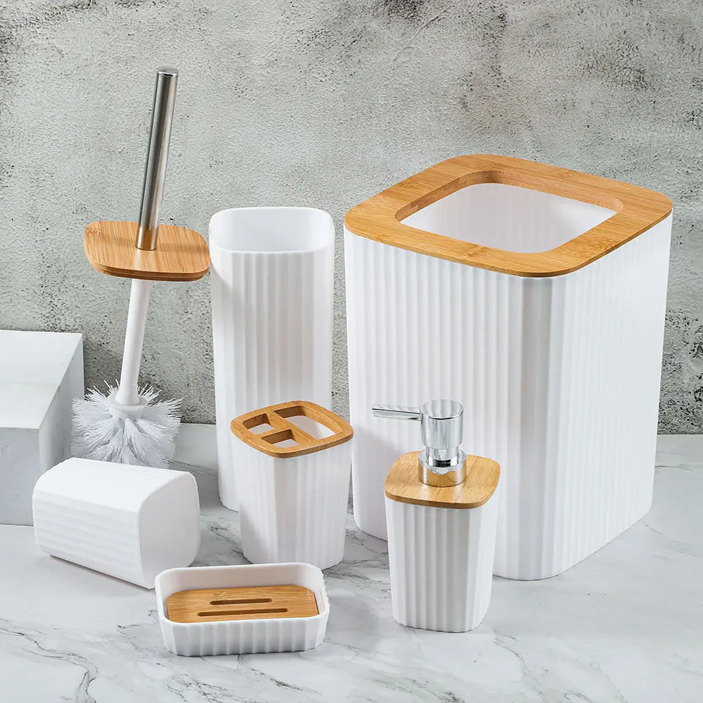 Eco-friendly  Bamboo Plastic Bathroom Sets Luxury vanity Household Items Modern Washroom Toilet Bathroom Accessories Set