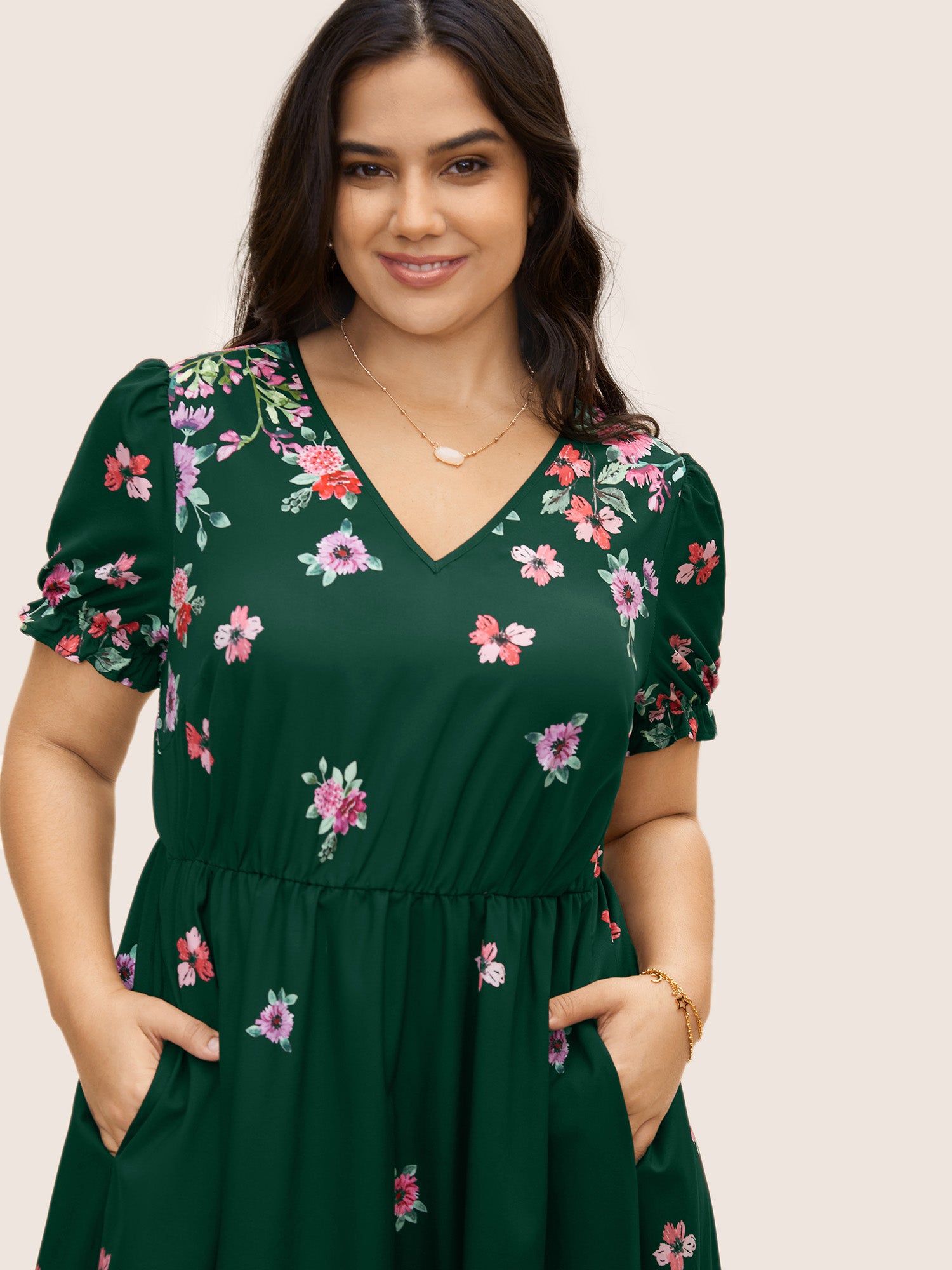 Boho Print V Neck Elastic Waist Dress