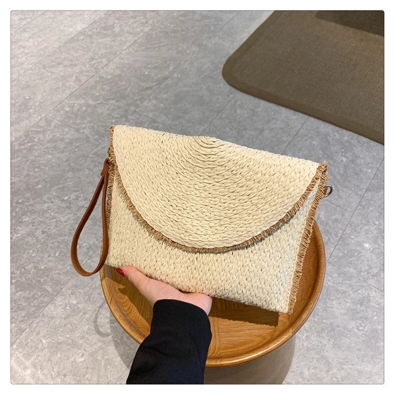 Women's Paper String Solid Color Vacation Square Magnetic Buckle Straw Bag