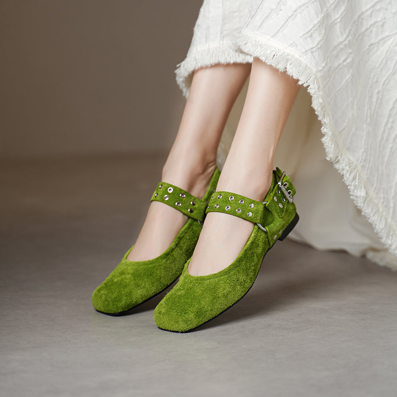 Women's Square Toe Leather Mary Jane Flats with Studded Strap Design in Green/Blue/Brown/Grey