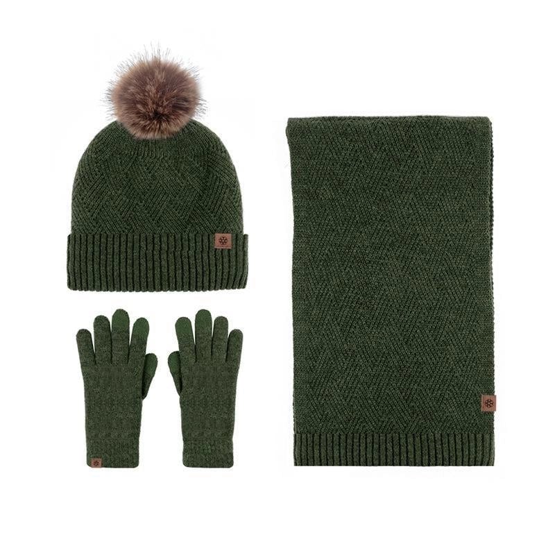 Wool Knitted Warm Gloves Hat Scarf Three-piece Suit Winter Windproof Fur Ball Fleece-lined Knitted Hat Three-piece Suit
