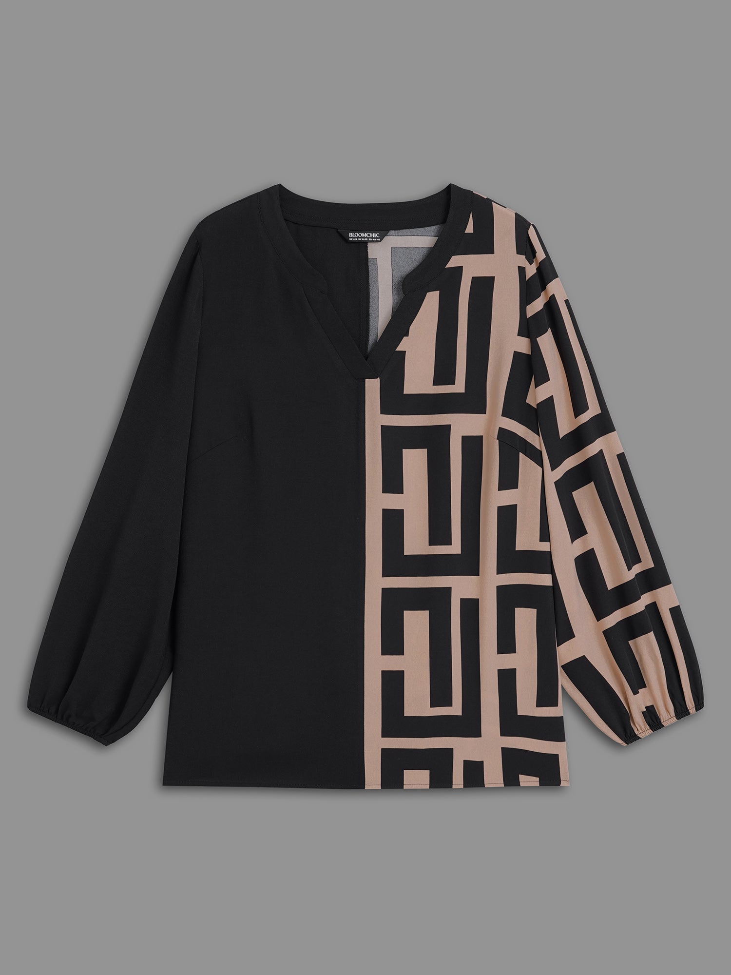 Notched Geometric Colorblock Contrast Blouse