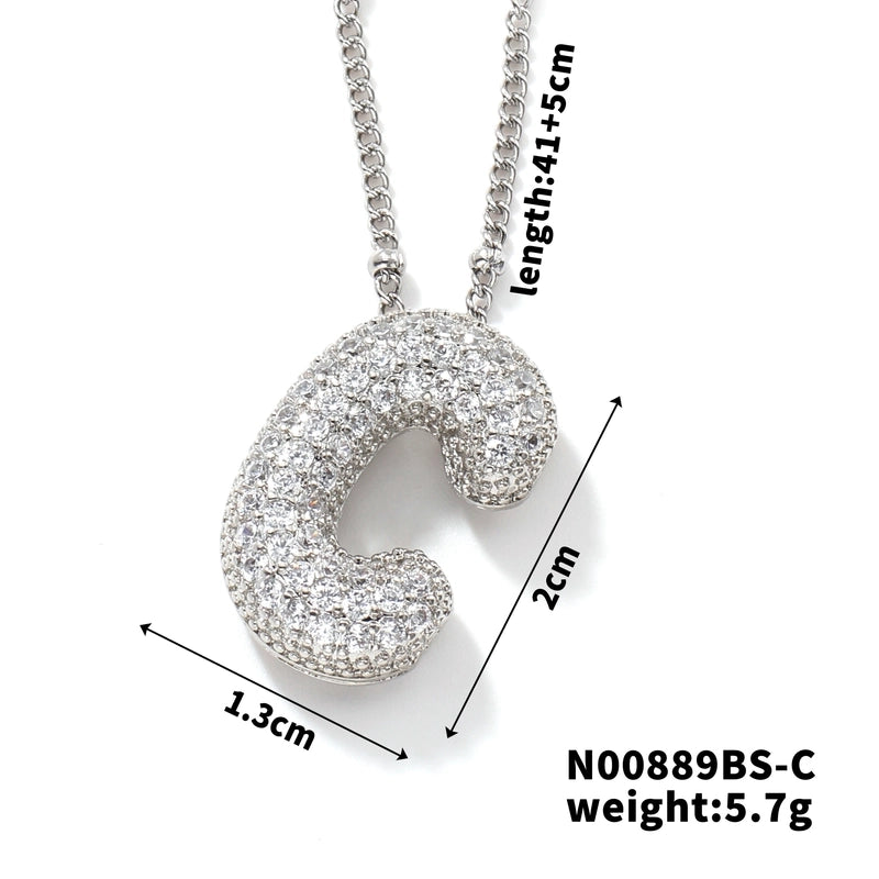 304 Stainless Steel Copper Rhodium Plated Three-dimensional Inlay Letter Zircon Pendant Necklace