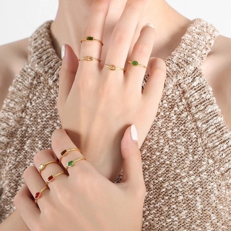 Minimalist Square Oval Titanium Steel Glass Stone Zircon 18K Gold Plated Plating Inlay Rings